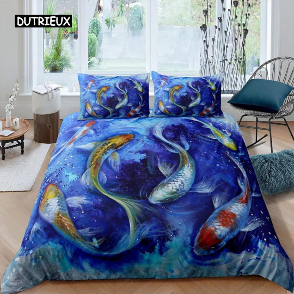 Goldfish Duvet Cover Set Ocean Life Comforter Cover Wave Splash Bedding Set Polyester Abstract Art Single Queen King Quilt Cover