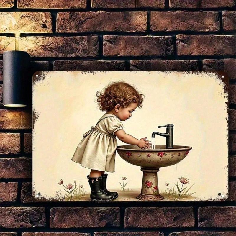 

Vintage Girl Washing Hands Metal Poster Wall Decor for Bathroom