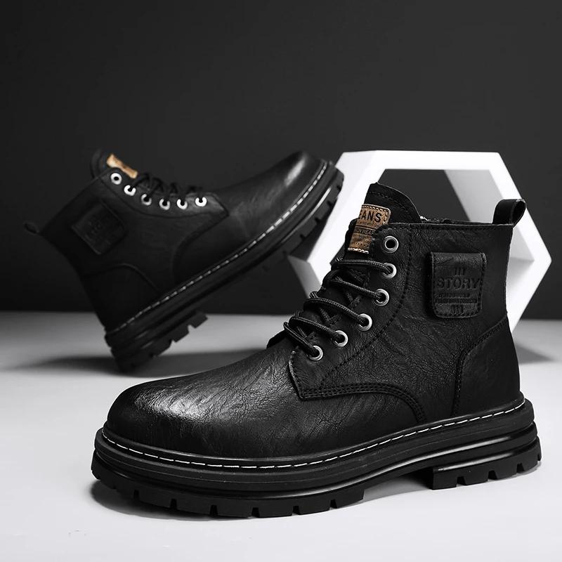Italian Men Casual Leather  Boots 2024 New Classic Flat Designer Antiskid Ankle Boots Platform Rubber Lace-up Round Toe Boots