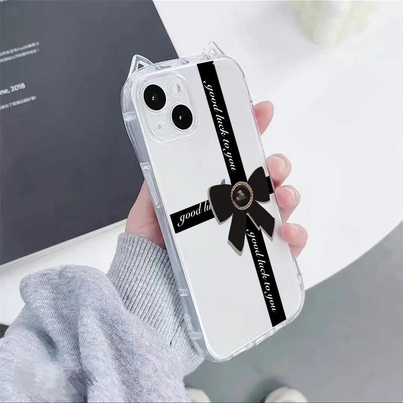 Light Luxury Black Bow for iPhone17 Cat Ears Mobile Phone Case Apple 16/15 Transparent Air Personality 14 Soft