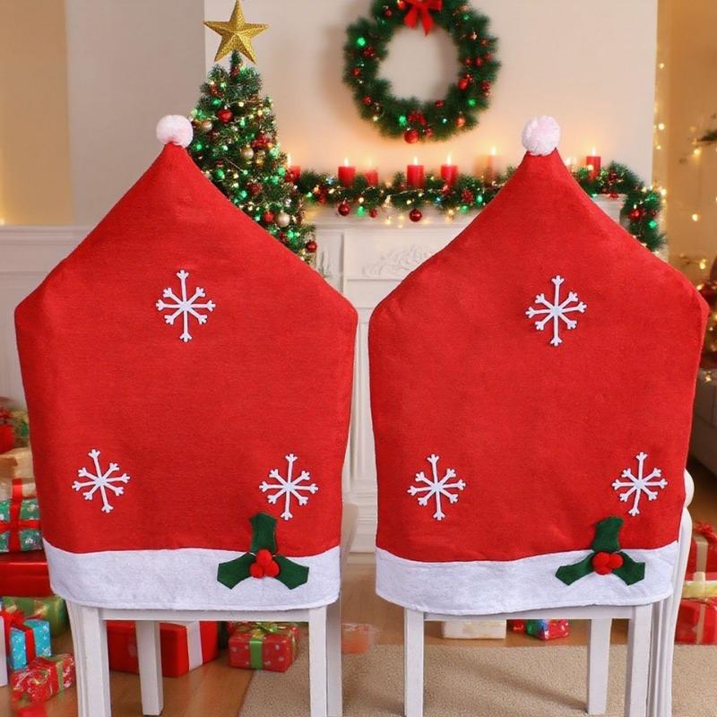 Christmas Chair Covers Red Snowflake Design Santa Chair Covers Non-Woven Fabric Polyester Chair Slipcovers for Home Decorations