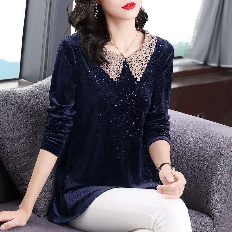 Baby Doll Collar Gold Velvet Bottoming Shirt Women's Long-sleeved T-shirt Spring and Autumn New Fashion Large Size Black Top