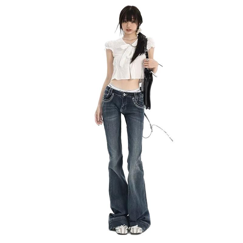 

Женские ретро синие джинсы микроклеш с высокой посадкой - Ранняя осень стрейч стройнящий стиль S