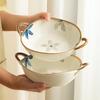 Elegant Dark Blue Two-Handle Ceramic Soup and Ramen Bowl