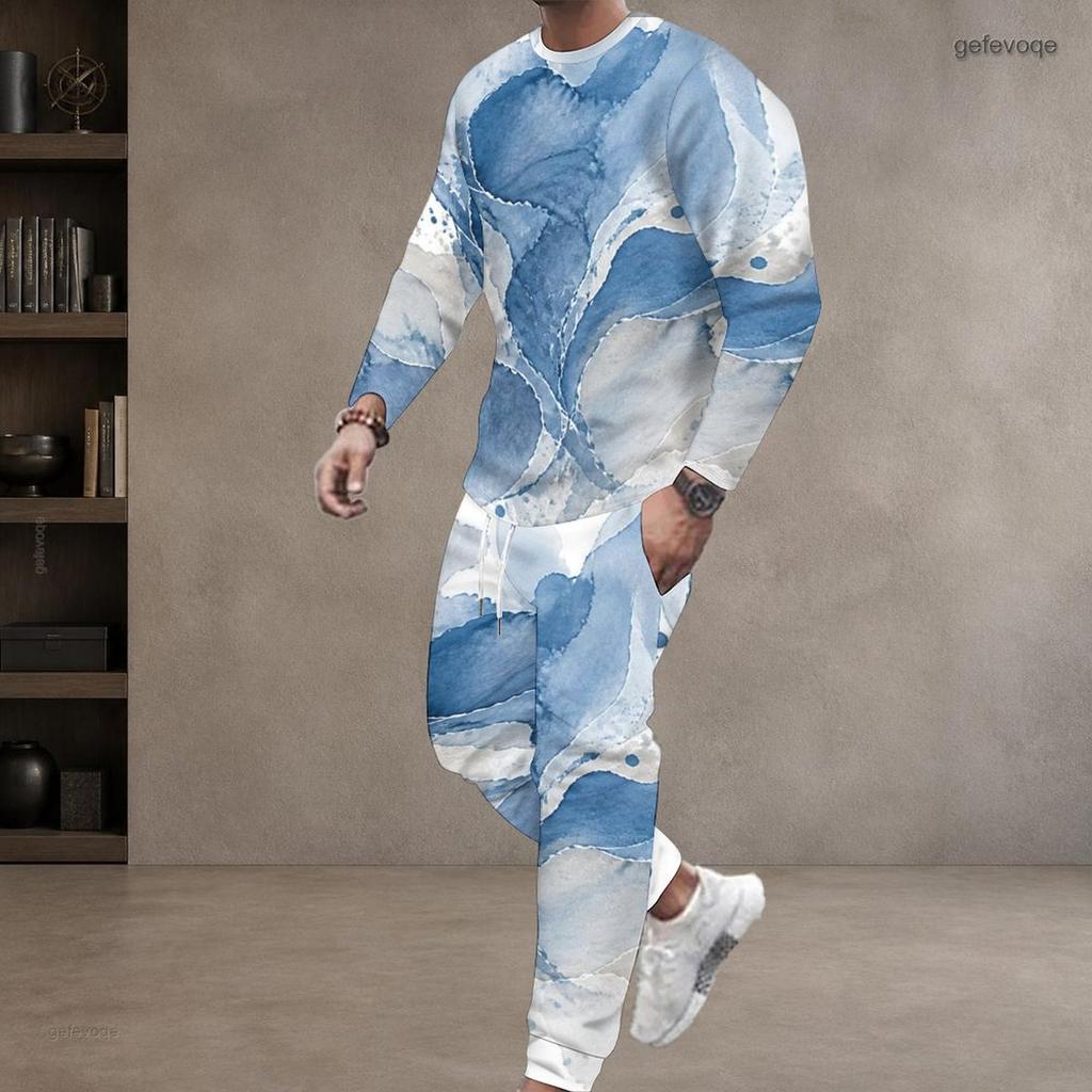 Men S Plus Size Blue Beige White Printed Two Piece Set Round Neck Long Sleeve Top Cuffed Pants