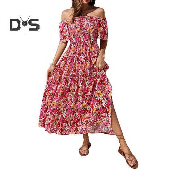 Dámské plážové šaty mimo ramena Barevný potisk květin A-line Patchwork s volným lemem lemování bez zad Krátké rukávy letní prázdninový styl midi šaty