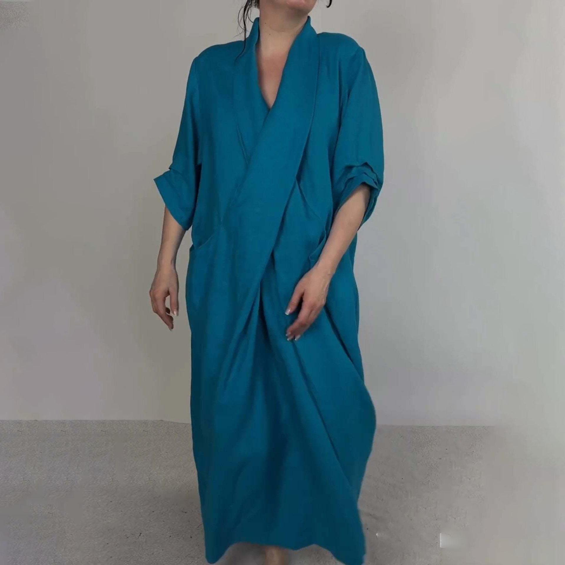 

Весна Осень Макси Платье Халат Мешковатый Крест V-образный вырез Однотонный Большой карман Ретро А-силуэта Бохо Макси Платье Повседневный Вечеринка Путешествия XXXL синий