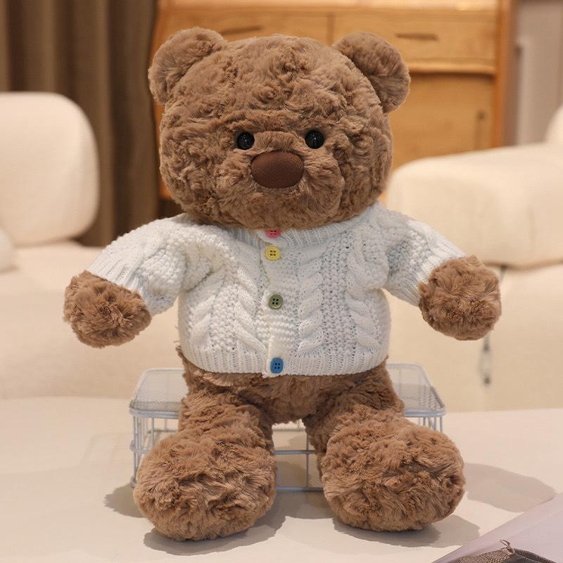 

Bear Plush Teddy Stuffed With Cozy Sweater Soft Huggable Bedtime Companion Gift Brown White