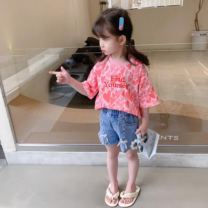 

Футболка с короткими рукавами для девочек, летняя детская одежда, топ с половиной рукавов для маленьких девочек, летняя детская рубашка для ухода за детьми, летняя 140cm розовый