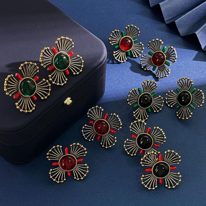 Court Retro Earrings, Enamel Dripping Oil, Gem Wind Hollow Four-Petaled Flower Stud Earrings, Ancient Style
