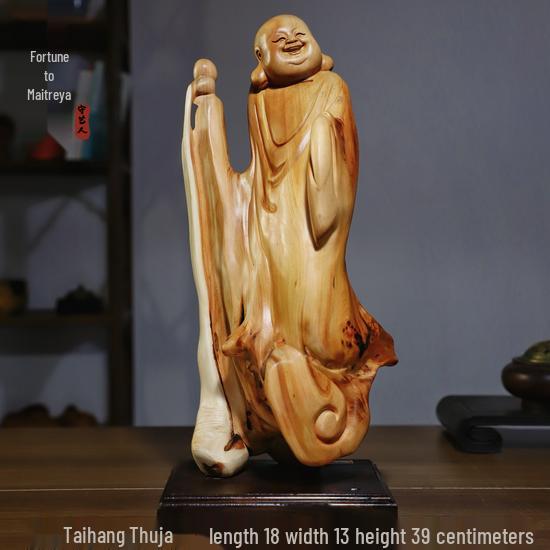 Intaglio Radice di Legno di Cipresso di Scogliera: Ornamento Daruma Maitreya Buddha in Legno Massello in Zafferano Dorato e Legno di Rosa Nanmu.