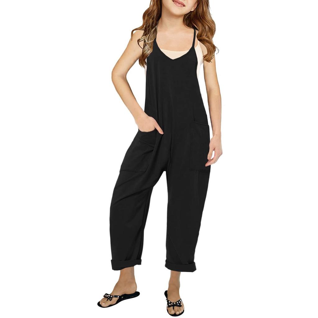 Girls' Casual Sleeveless Jumpsuits Spaghetti Strap Loose Romper Long Pants With Pockets