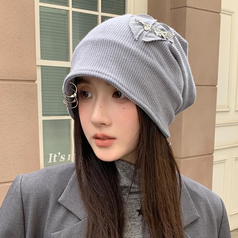 Autumn and winter hats, women's round hoop wool knitted hats, big head circumference showing face, small pile hats, retro versatile cold hats