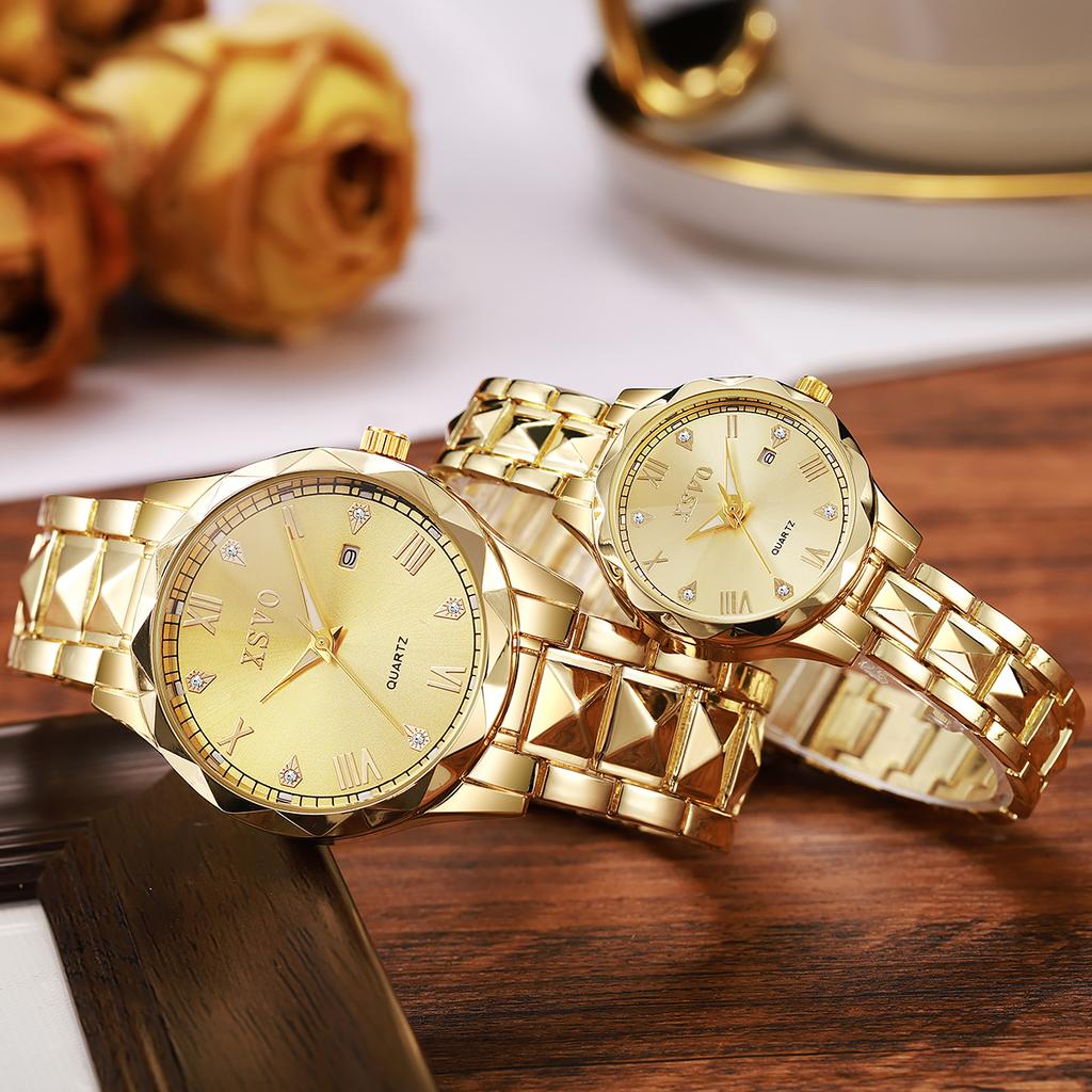 Luxury Couple Quartz Watch with Diamond Roman Dial Calendar Steel Band Couple Watch Set