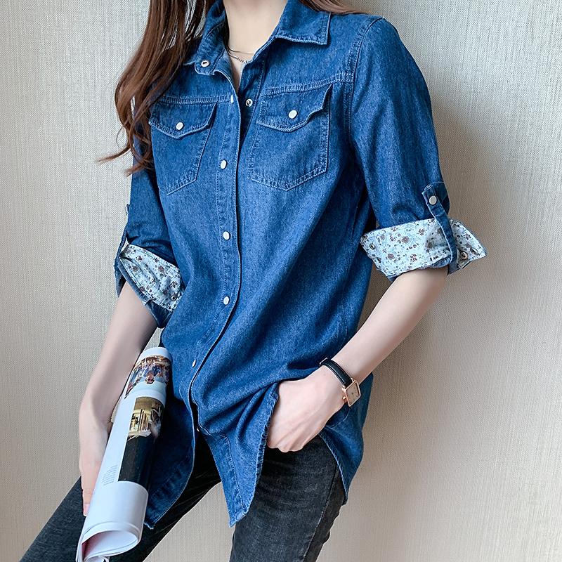 Camicia Casual in Denim a Maniche Lunghe alla Moda da Donna Stile Coreano Ampia Nuova con Rever Primavera e Autunno Ufficio Blusa Lunga Streetwear Top Giacca Abbigliamento