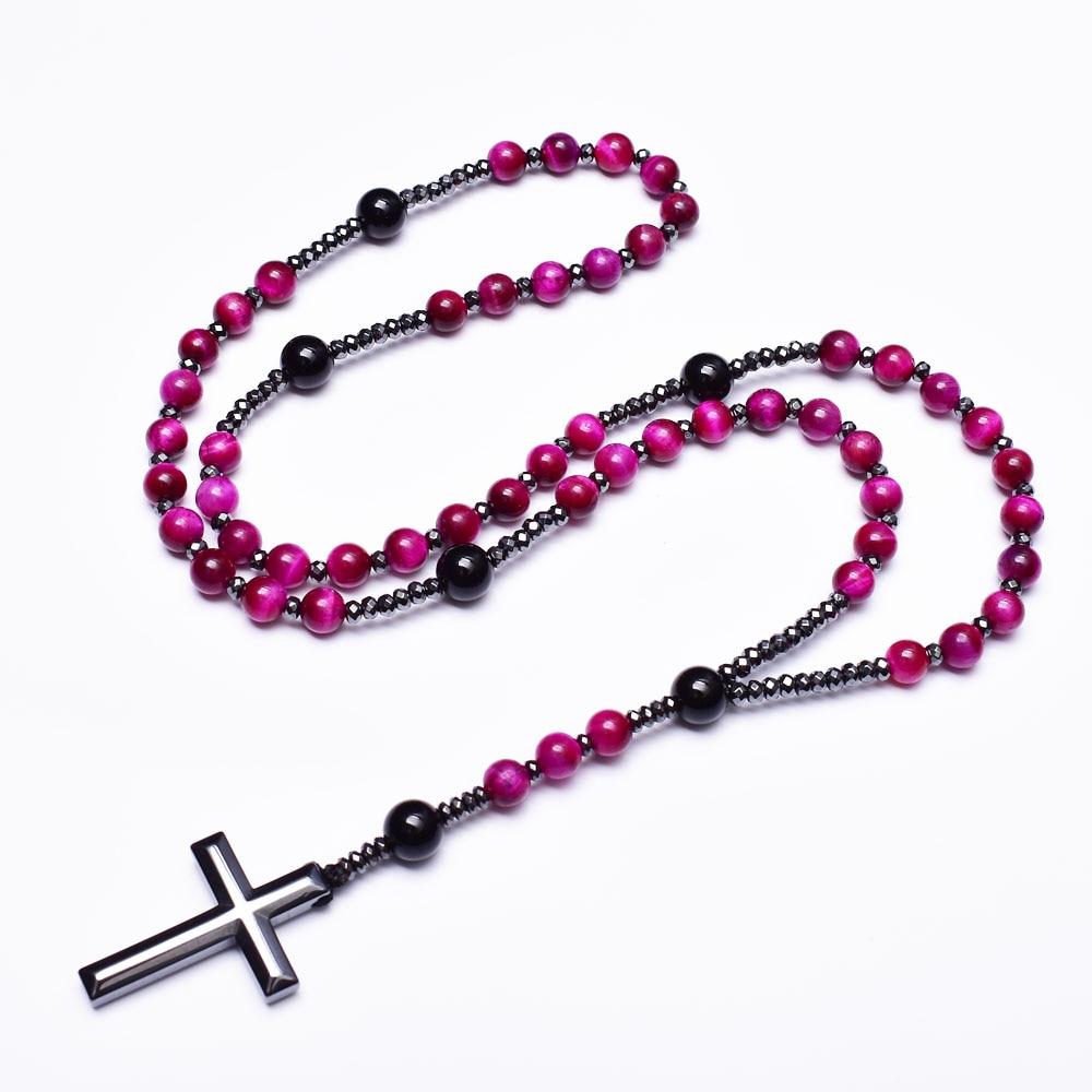 Hematite Cross Pendant Necklace Rose Red Tiger Eye Onyx Catholic Christ Rosary Necklace Natural Stone Prayer Bead Vintage Jewelry