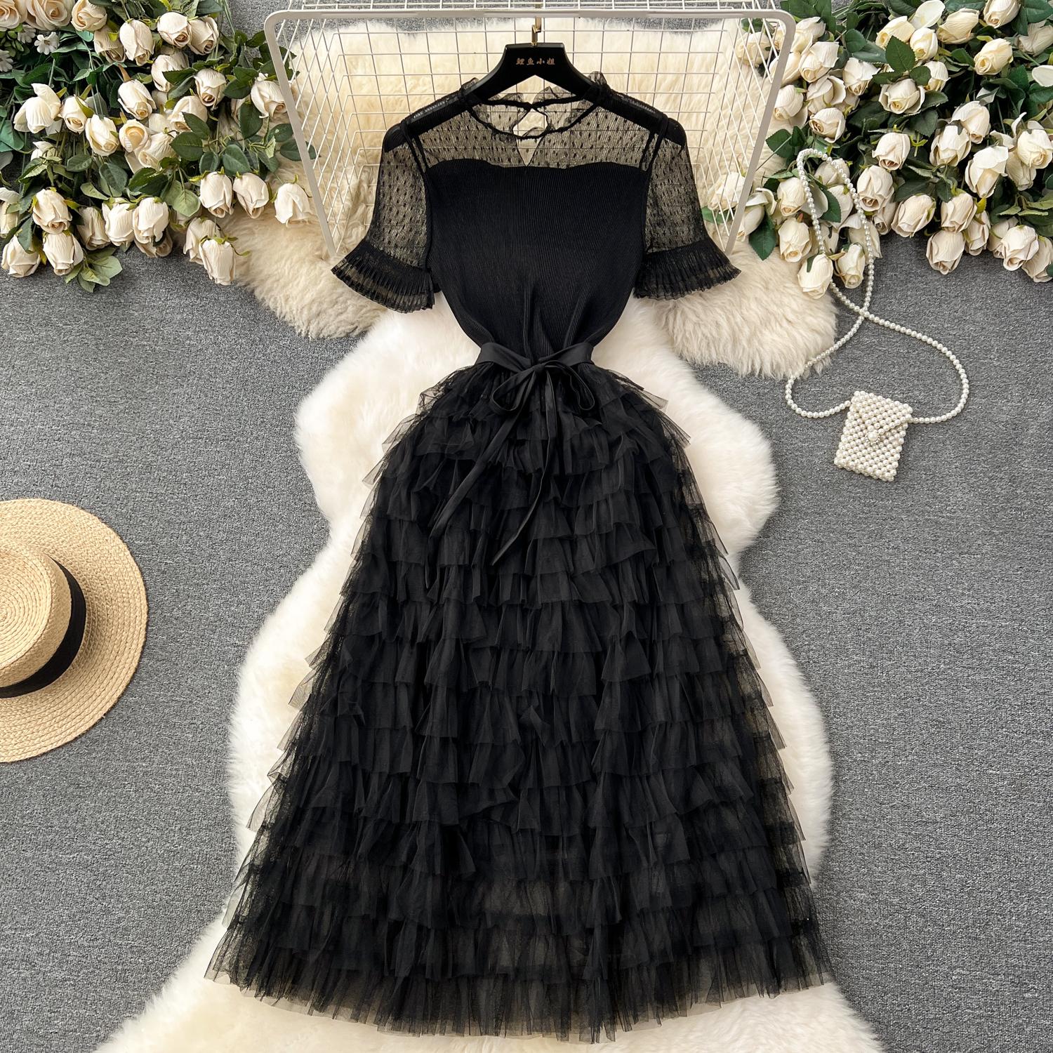 

Nomikuma French Women Sweet Mesh Cake Dress Tie Up Taile Slimming Mid Length Elegant Long Cake Dresses 2024 Summer New Vestidos One Size чёрный