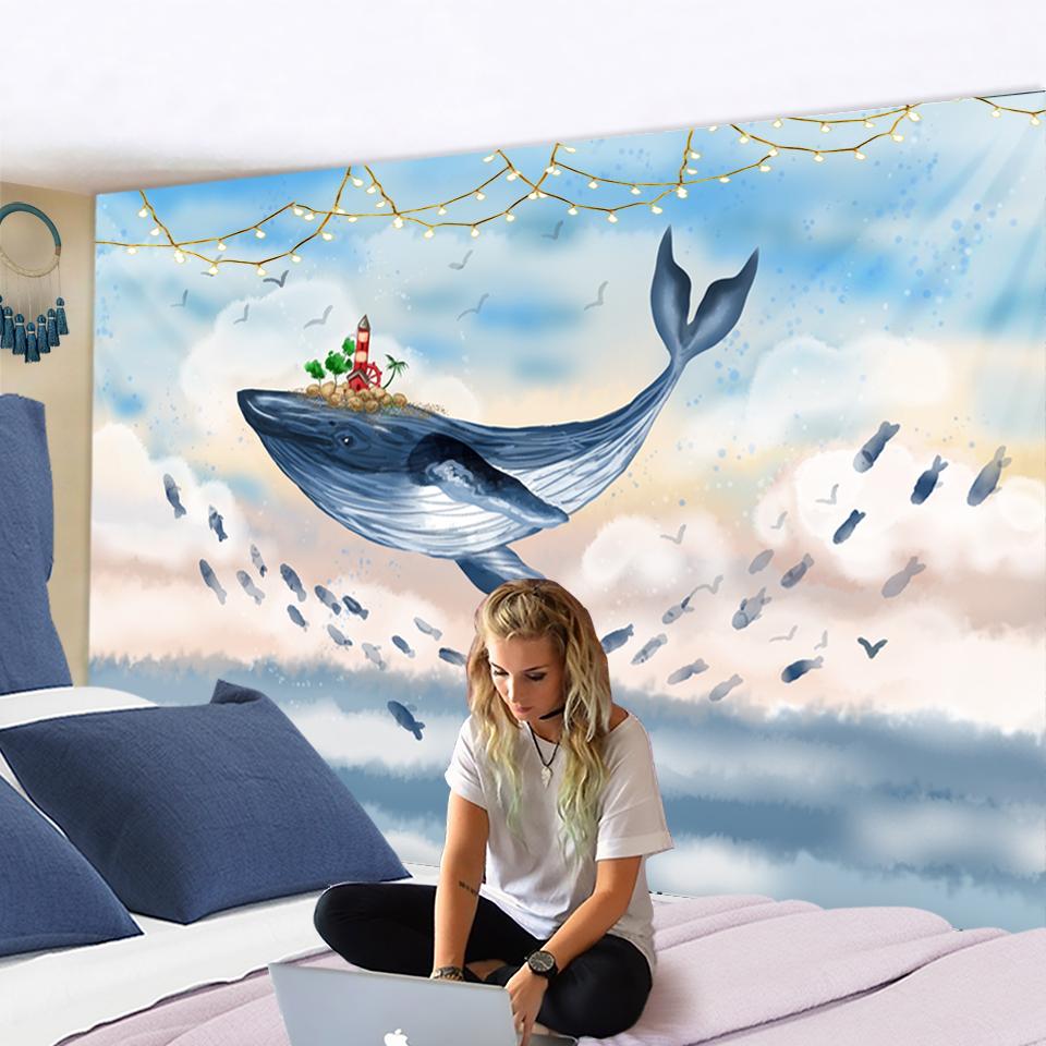 

Картина маслом с изображением кита, гобелен, настенный ботаник, мультяшный кавайный фэнтези, богемный детский фон для спальни, декор 95x70CM