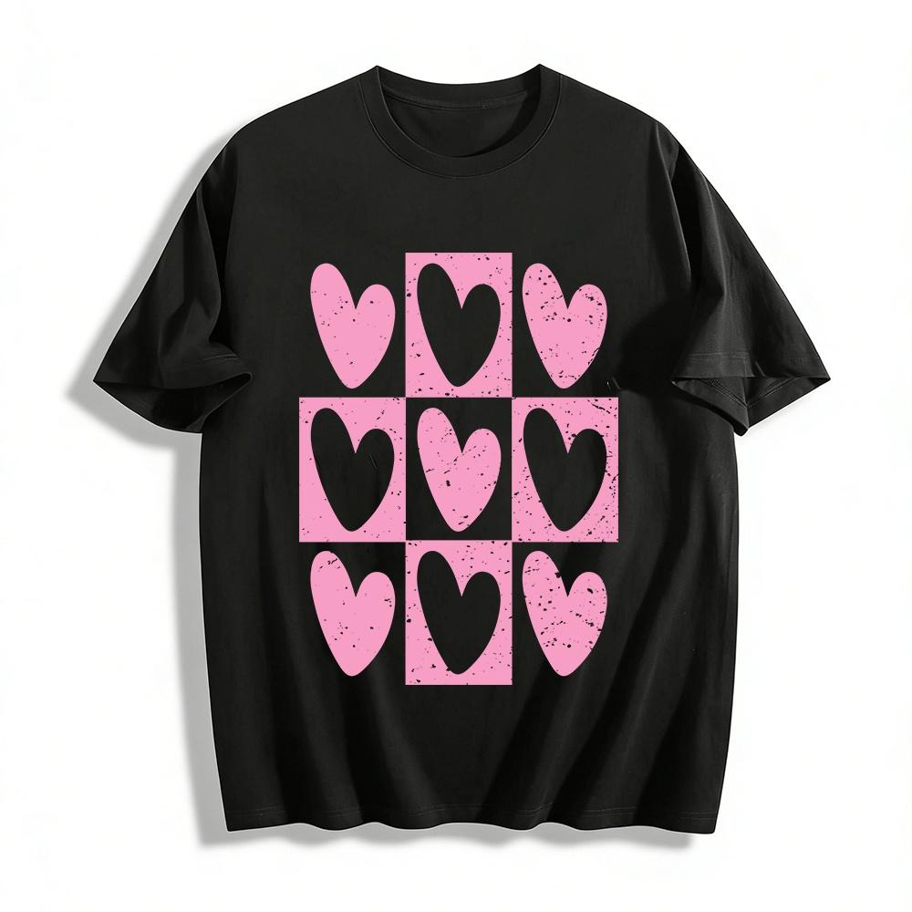 

Vintage Pink White Heart Check Print Casual T-Shirt Pure cotton T-shirt XXS