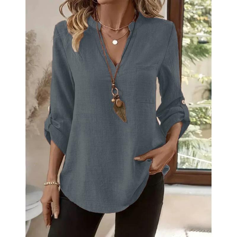 2025 New Autumn and Winter  Women's Button V-neck Pocket T-shirt Tops for Women