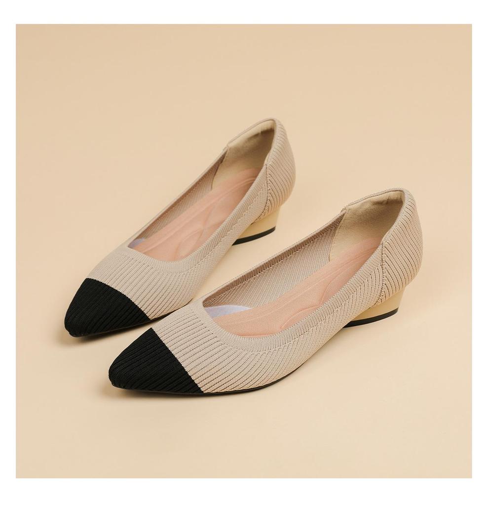 B35-3 Pointed Toe Low-Cut Chunky Heel Breathable Plus Size Striped Knit Shoes