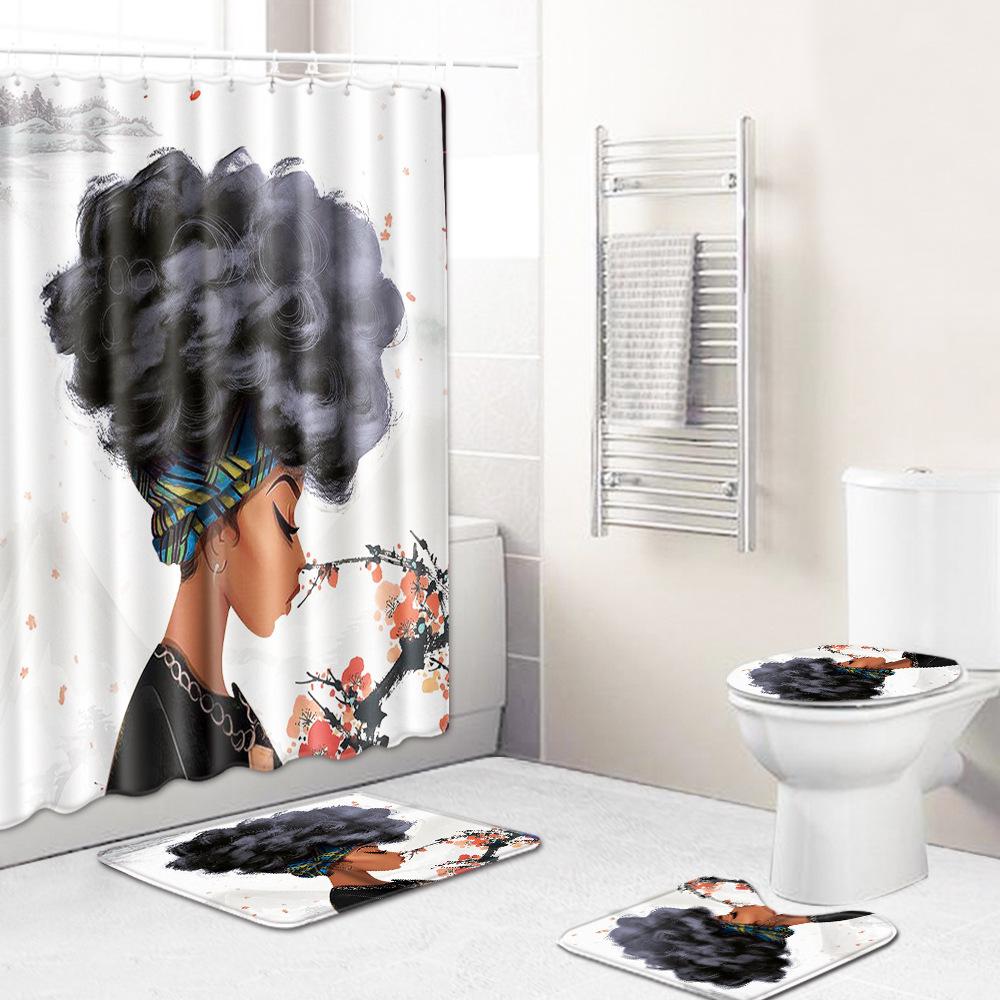 African American Women'S Bathroom Four-Piece Combination Set Household Door Mat Absorbent Non-Slip Floor Mat Carpet