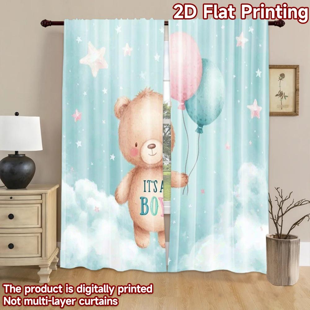 2D Flachdruck 2 Stück Vorhänge Bären Luftballons Digital Bedruckt Polyester Vorhänge Festliche Wanddekoration Verwendung für Übergröße Outdoor