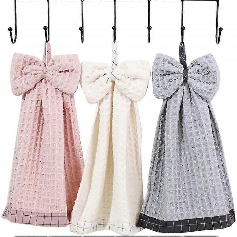 3 Pack Bowknot Hand Towel - Soft Dish Wipe Cloth With Hanging Loop For Kitchen Bathroom, Microfiber Coral Velvet Cute Hand Towel For Kids, Adults