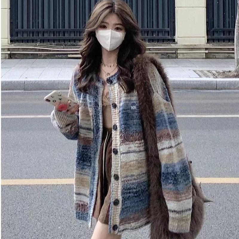 Womens Oversized V-Neck Knit Cardigan With Stripe Loose Fit Casual Sweater