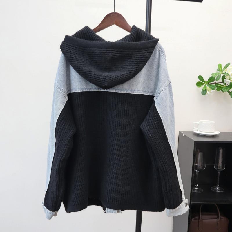 Autumn and Winter New Loose Casual Hooded Design Sweater Jacket Femininity Splicing Denim Knitted Cardigan