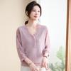 LANGSHA Women's V-Neck Seven-Sleeve Knit Top