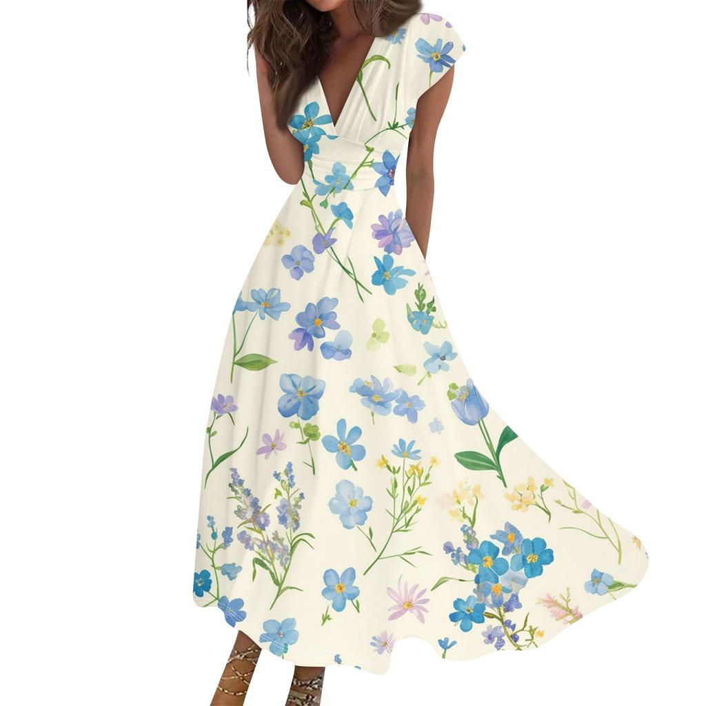 Women's Long Casual Dress Summer Short-Sleeve V-Neck Waist Retraction Printed Dress