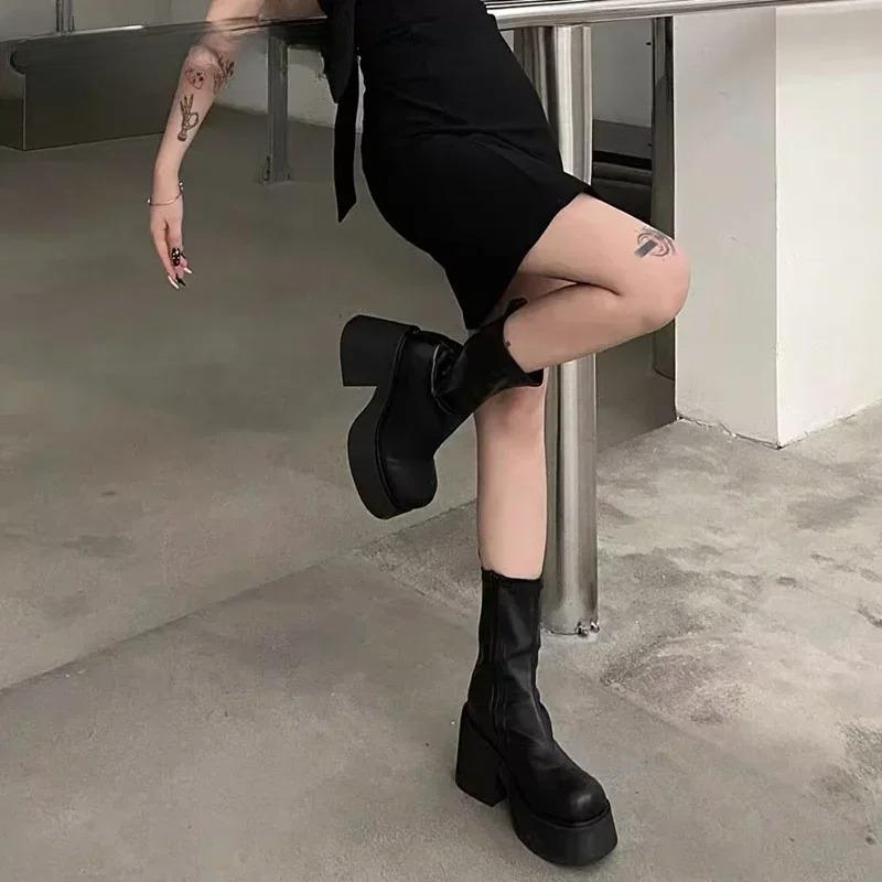 Stivaletti alla Caviglia con Plateau alla Moda per Donna Nuova Moda Cerniere Laterali Stivaletti Corti Femminili Eleganti Neri Tacco Alto Quadrato Donna Stivaletti Moderni