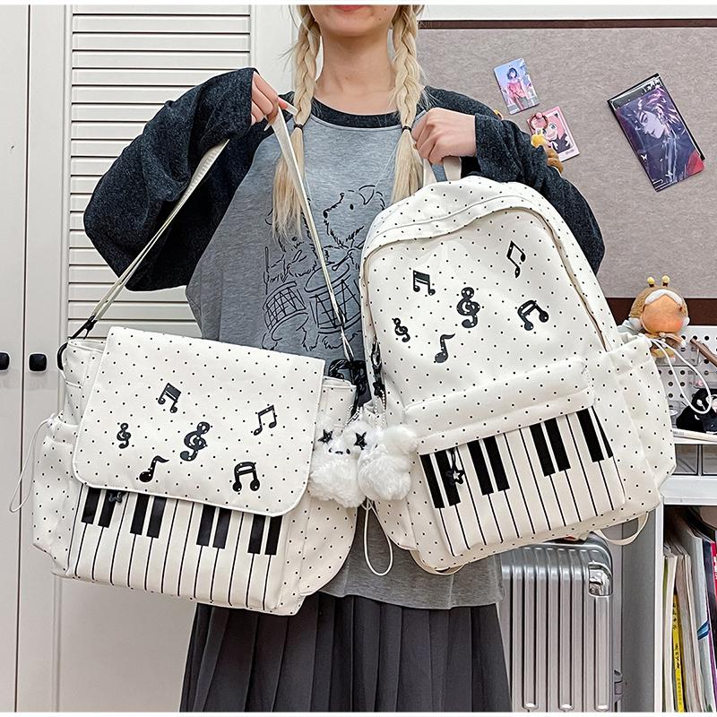 Zaino per Pianoforte Impermeabile Marca Stampa a Pois Coreana con Note Musicali Borsa a Spalla Studente Nylon Grande Capacità Cerniera Borsa da Viaggio