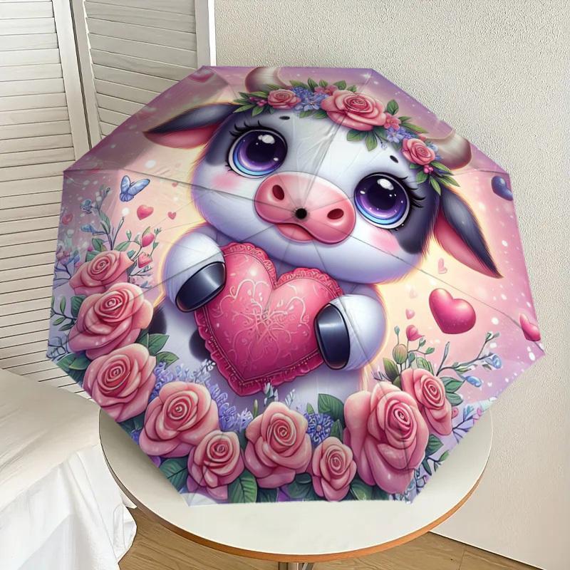 

1pc Cute Cow with Floral Heart Umbrella with Plastic Handle,Suitable for All Seasons Home Travel Outdoor UmbrellaDD418