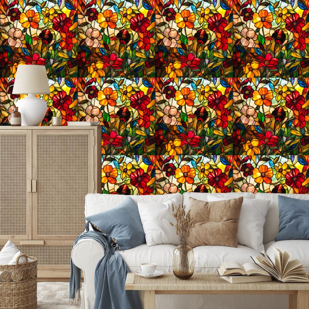 Wallpaper Stained Glass Flowers Gold, Yellow and Ochre for Living Room and Bedroom 50x1000