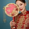 Vintage Chinese Wedding Dress Hanfu Decorative Fans Bridal Round Hand Fans Dragon Phoenix Handmade Gold Red Photography Fan Prop