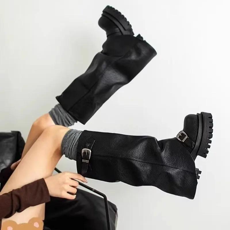 Fashion Platform Chunky Women High Boots Fad Buckle Leather Mid Heels Shoes 2025 Trend Designer Knee High Mortorcycle Winter Botas Mujer