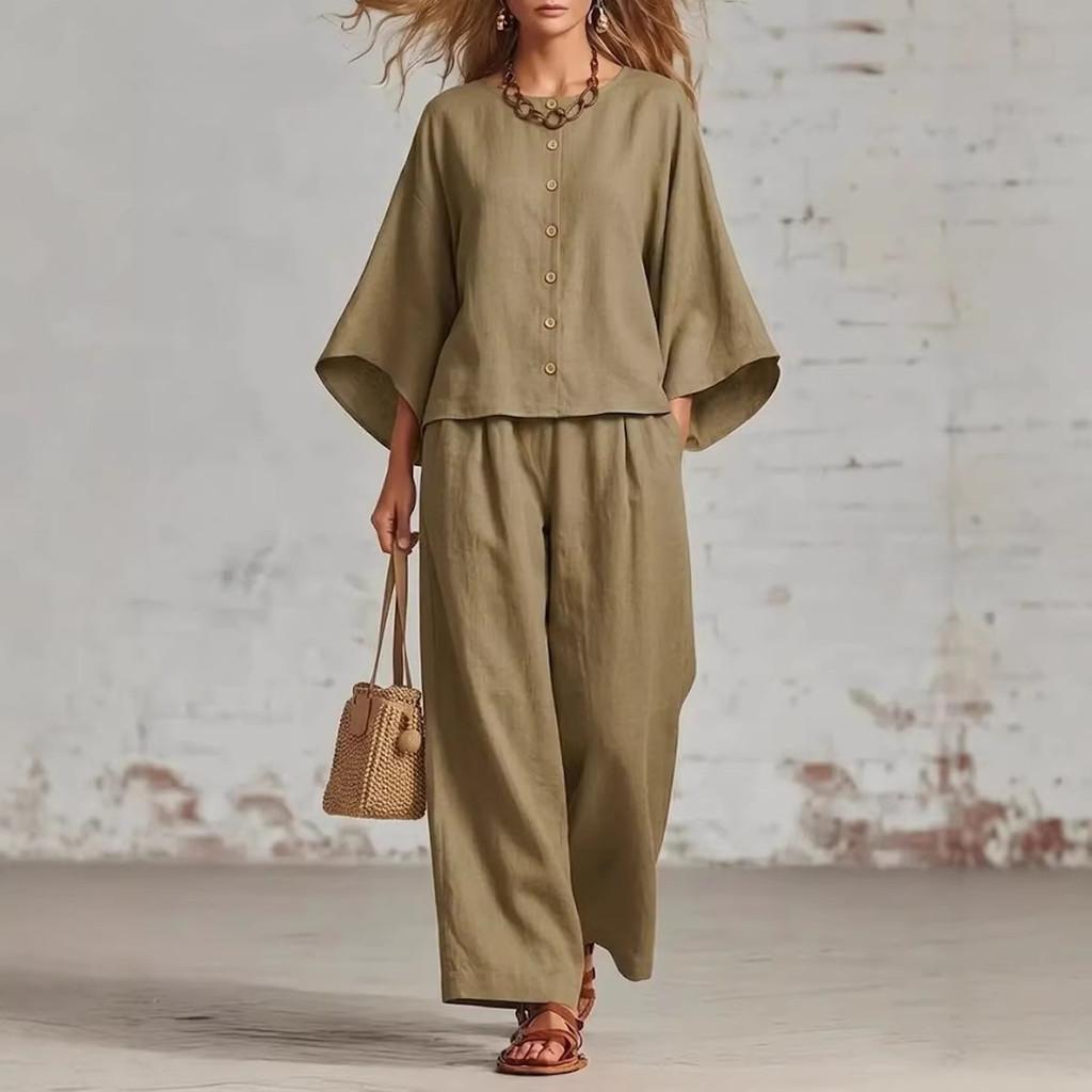 Womens Summer Linen Cotton Blended Top Wide Leg Pants Suit With Spliced Pattern For Casual Office Wear