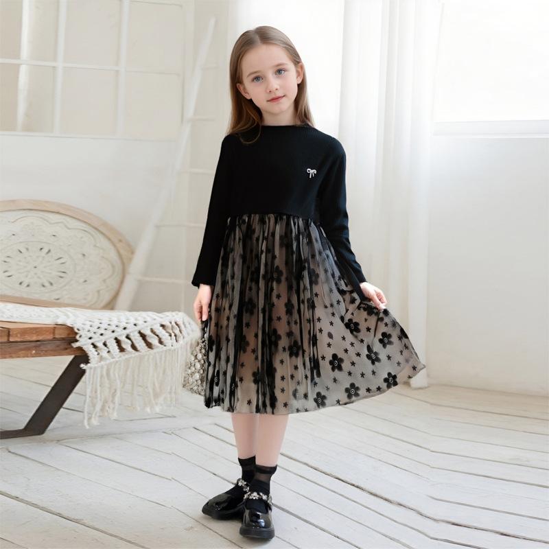 Girls' Fashionable Black Dress for Summer, Children's Princess Netted Puff-sleeved Dress