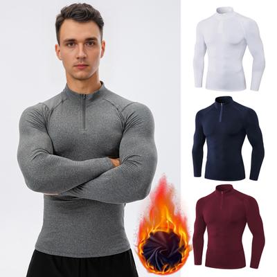 Autumn Winter Men Thermal Top Plush Lining Zipper Stand-up Collar Long Sleeve Shirt Slim Fit Stretch Casual Solid Color Warm Base Layer Top
