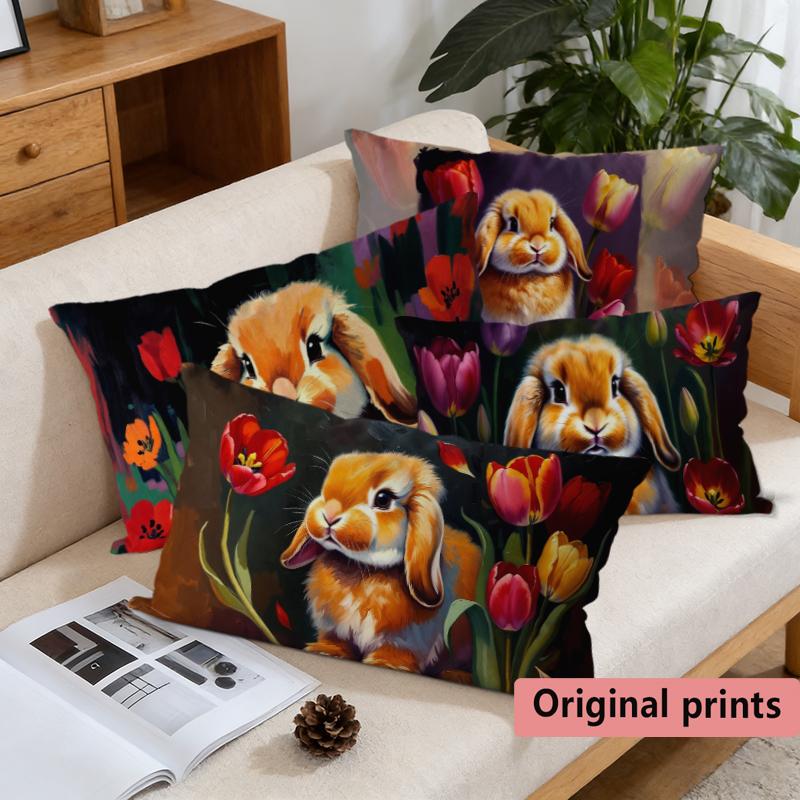 Vintage Bunny Tulip Print Cushion Cover Suitable For Sofa Bedroom Car Pillow Cover Cushion Rectangular Back Cushion