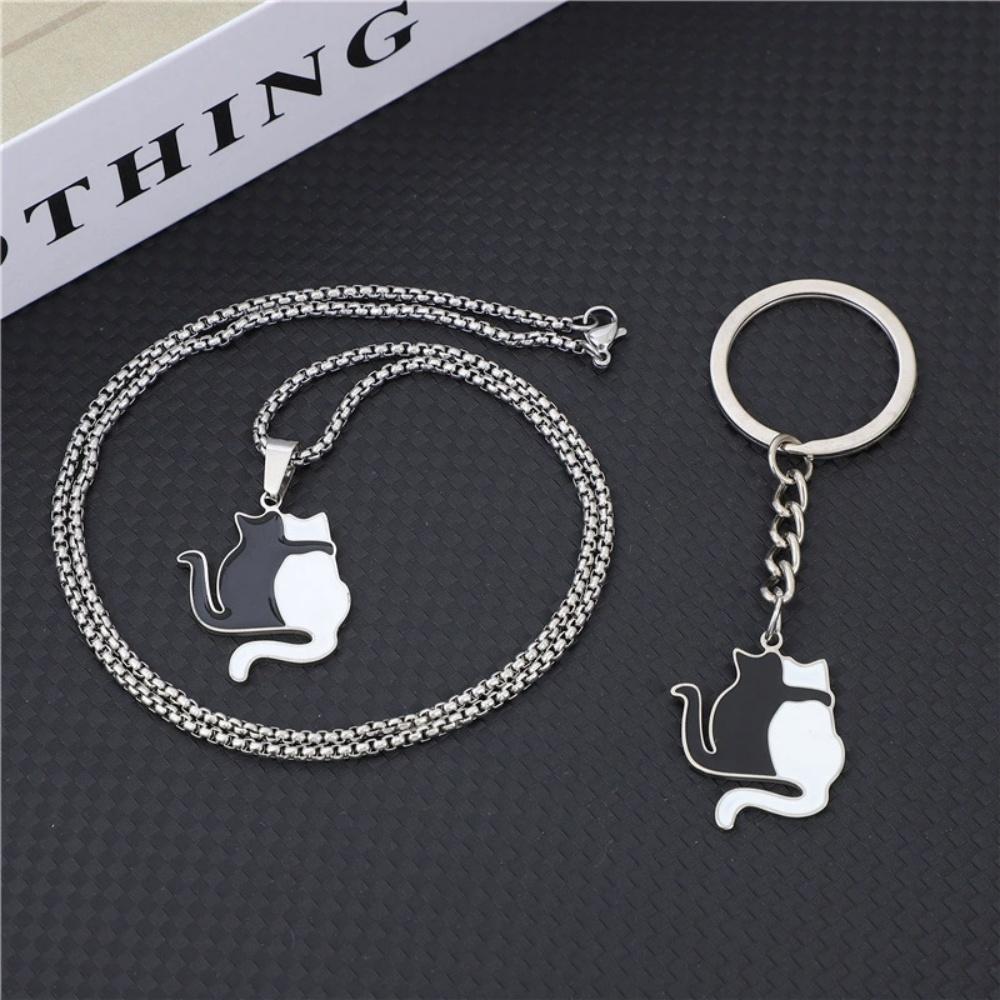 New Stainless Steel Black White Cat Pendant Keychain Necklace Trendy Versatile Punk Anime Animal Couple Jewelry Gift