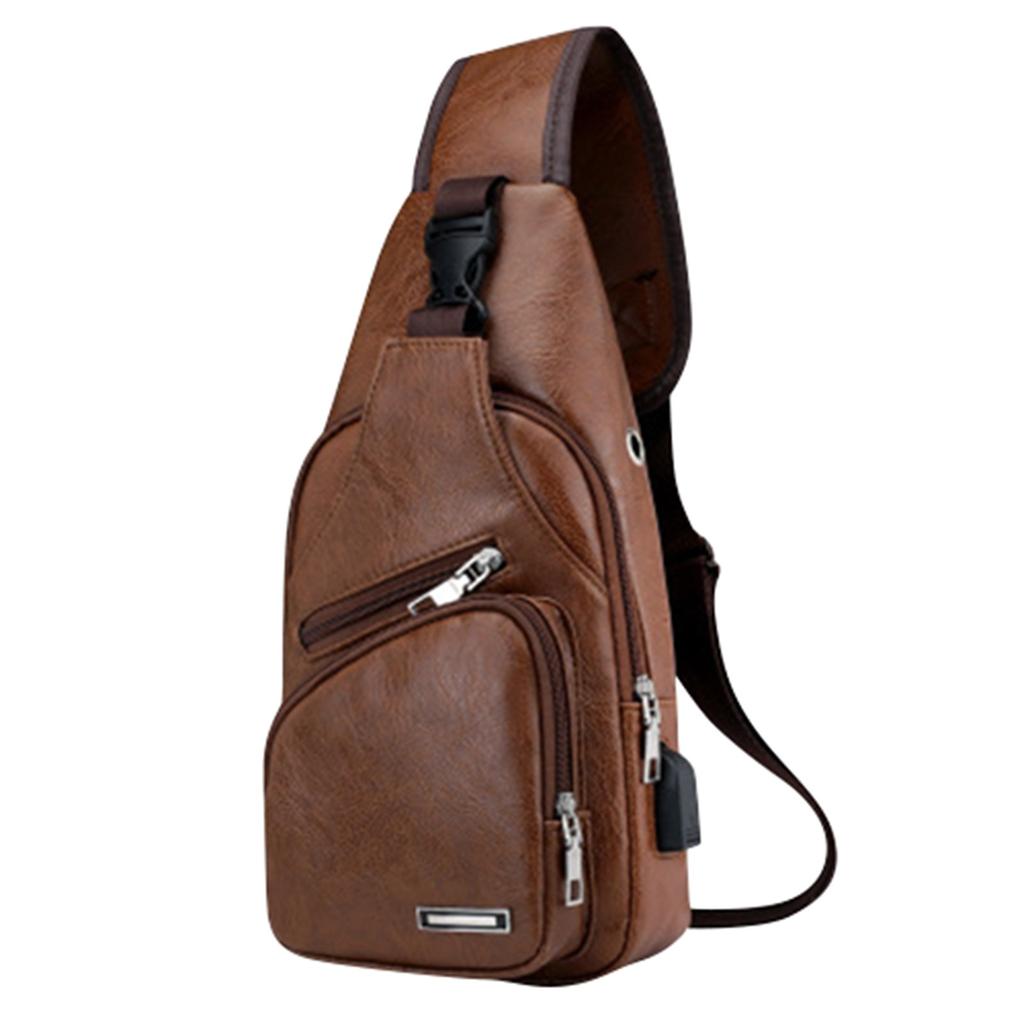 Soft Leather Pu Casual Sports Chest Bag Multi-Functional Versatile Usb -Theft Men'S Chest Bag