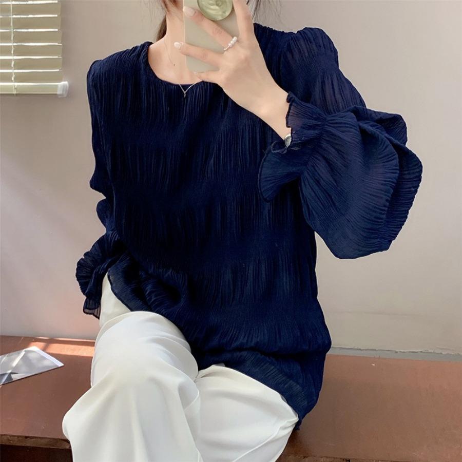 

Сложенная расклешенная шифоновая рубашка с рукавами, свободный универсальный топ с длинными рукавами, футболки женские XL темно-синий