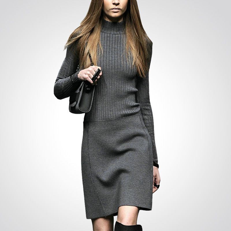 

Модные свитера с длинным рукавом Базовое платье 2025 Новая осенняя женская одежда Слим Стройнящее Офисная леди Платье-футляр Grey XL