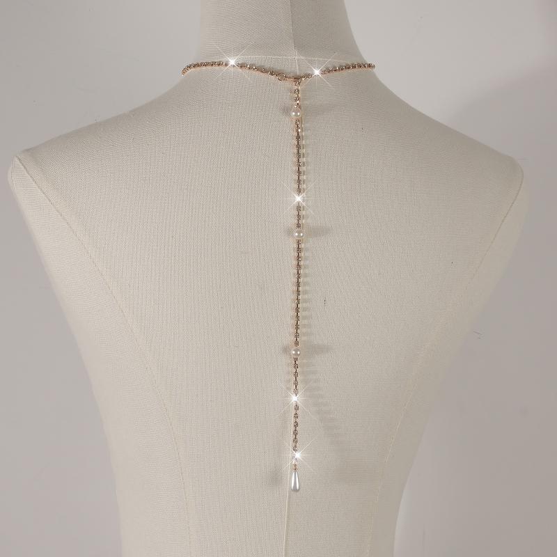 Rhinestone Pearl Back Chain Necklace Long Drop Backless Dress Jewelry For Women Wedding Party Accessories