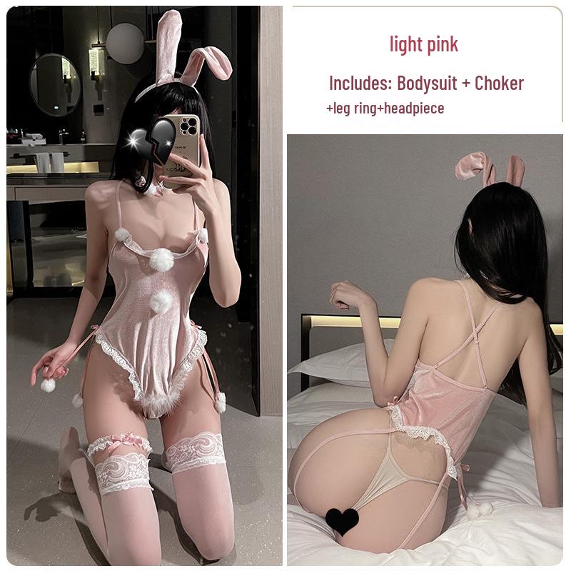 Velvet Bunny Girl Sexy Lingerie Bodysuit - Plush, Patchwork, Open Back Christmas Uniform Set for Women 1405