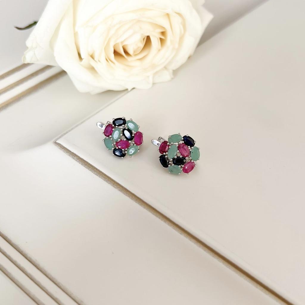 Silver Earrings with Natural Sapphire, Emerald, Ruby (2142652)