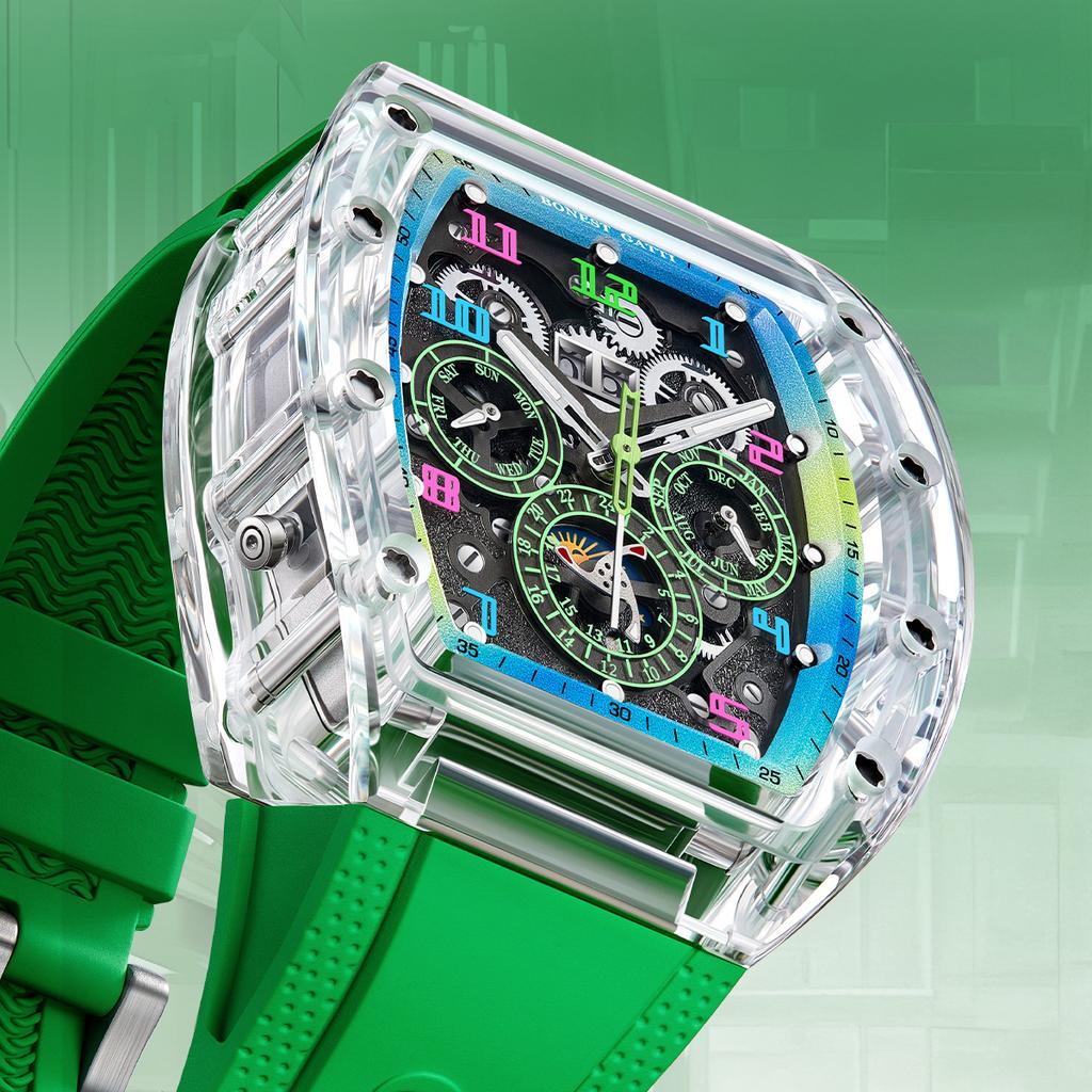 Bugatti Watch Men'S Barrel-Shaped Multifunctional Three-Eye Acrylic Transparent Case Mechanical Watch